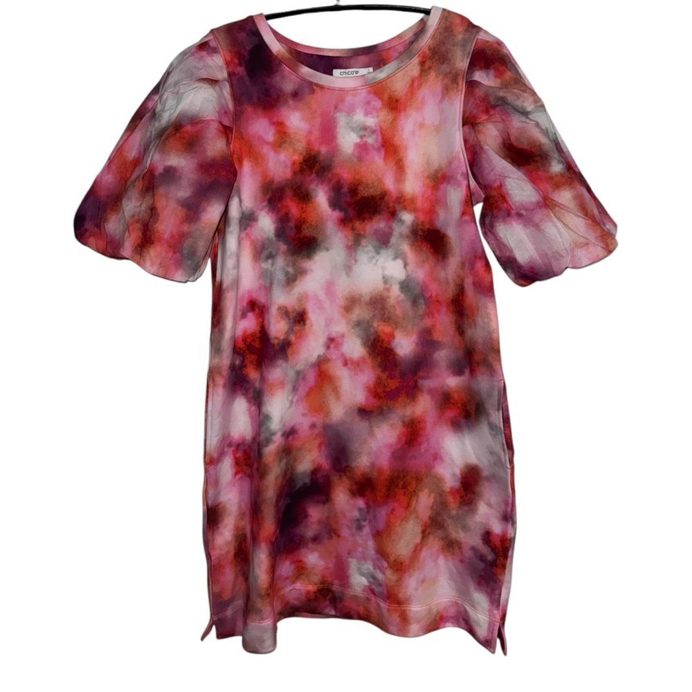 Chico's Pink Watercolor Tie Dye Midi Dress M - 100% Cotton Puff Sleeve